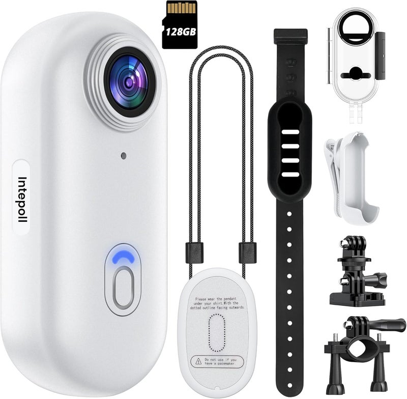 Intepoll كاميرا POV ميني واي فاي 4K بحجم 128GB محمولة قابلة للارتداء مع كاميرا فيديو مقاومة للماء IPX7، حامل خوذة، مغناطيسي، DV رياضي جيب للدراجات، الحيوانات الأليفة، الفلوجينغ (أبيض) - Image 1